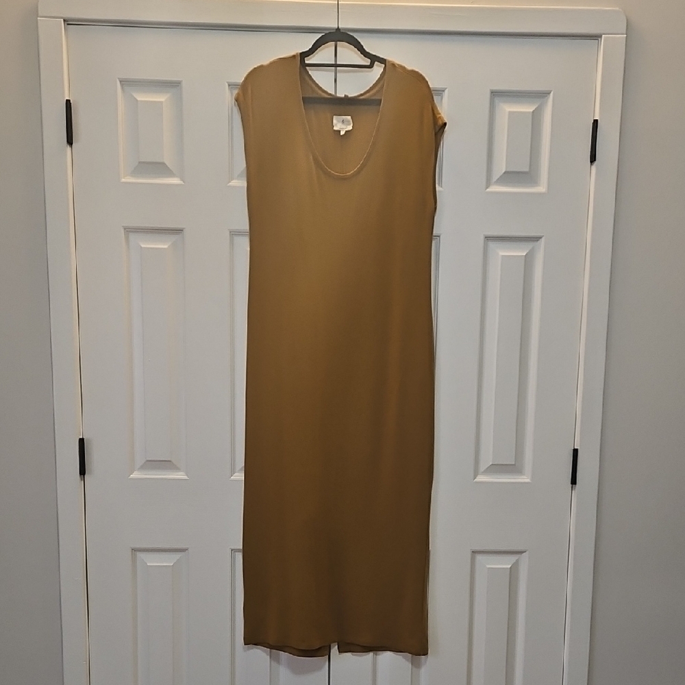 Lou & Grey Signaturesoft Mustard Gold Tan Midi Dress Straight Slit Womens L EUC